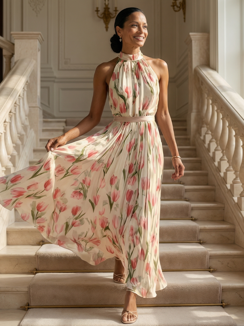AURELLE | Halter Neck Floral Midi Dress