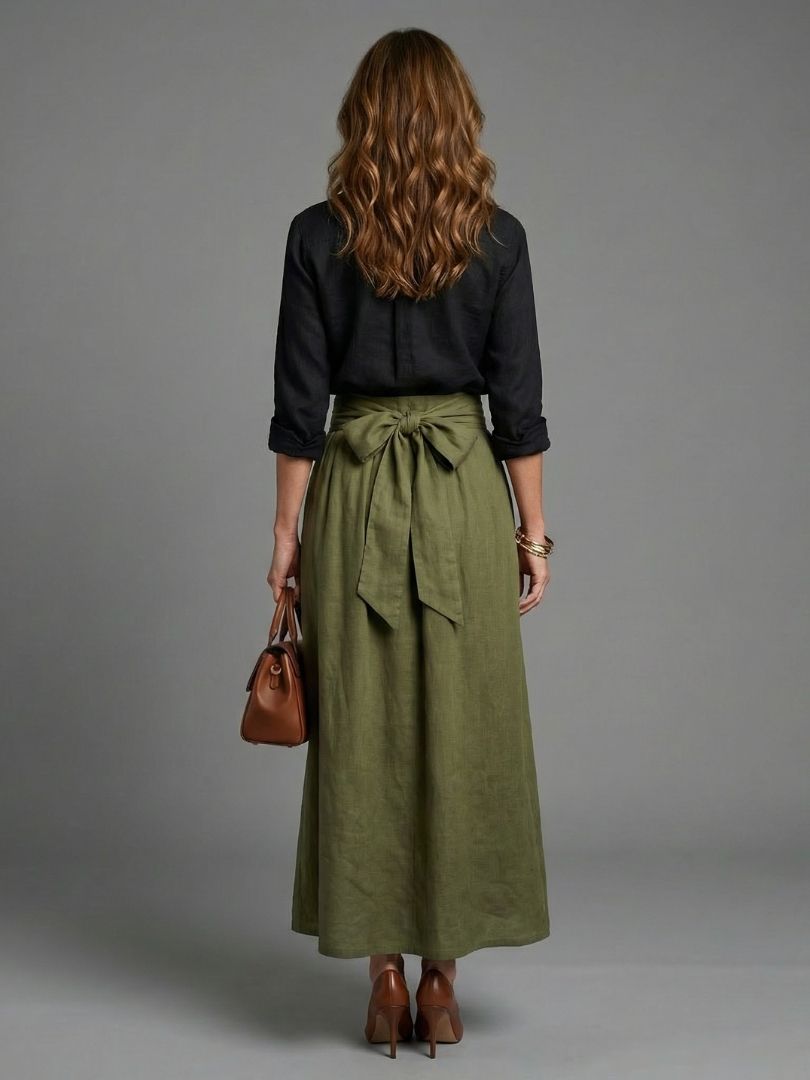 VERA | Two Piece Set Black Blouse Olive Green Midi Skirt