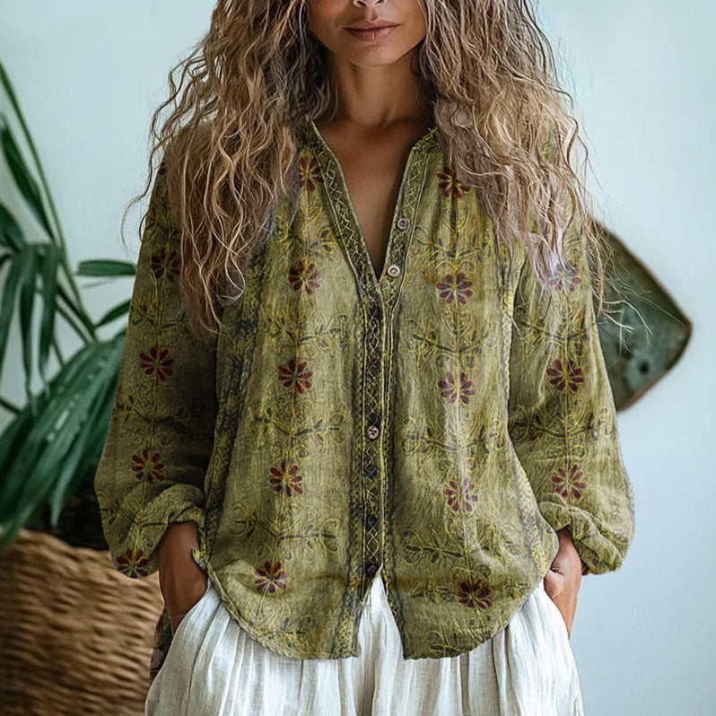 BRIANNA | Elegant Vintage Leaf Print Shirt