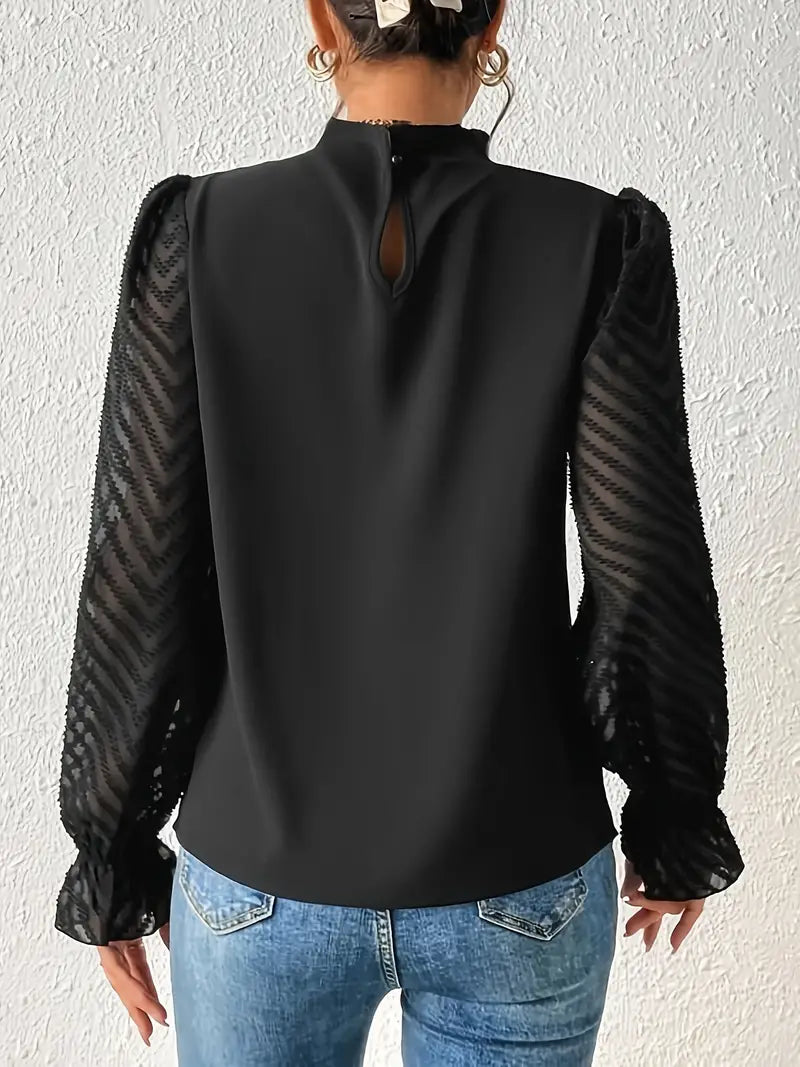 May Britt | Chic Pleated Top with Sheer Mesh Sleeves for Women