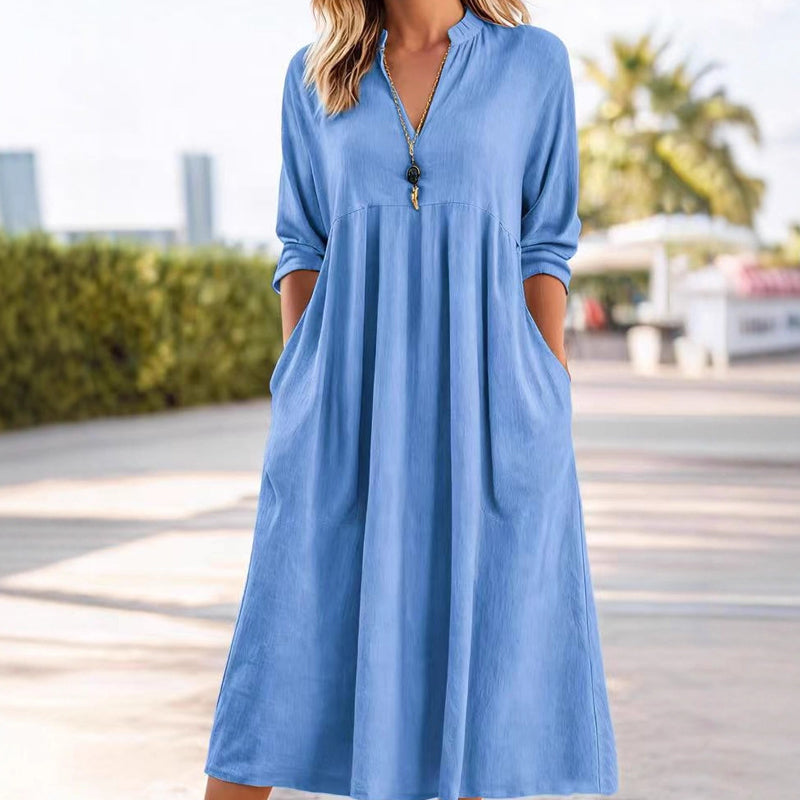 CHARLOTTE | Casual V-Neck Midi Dress with Pockets